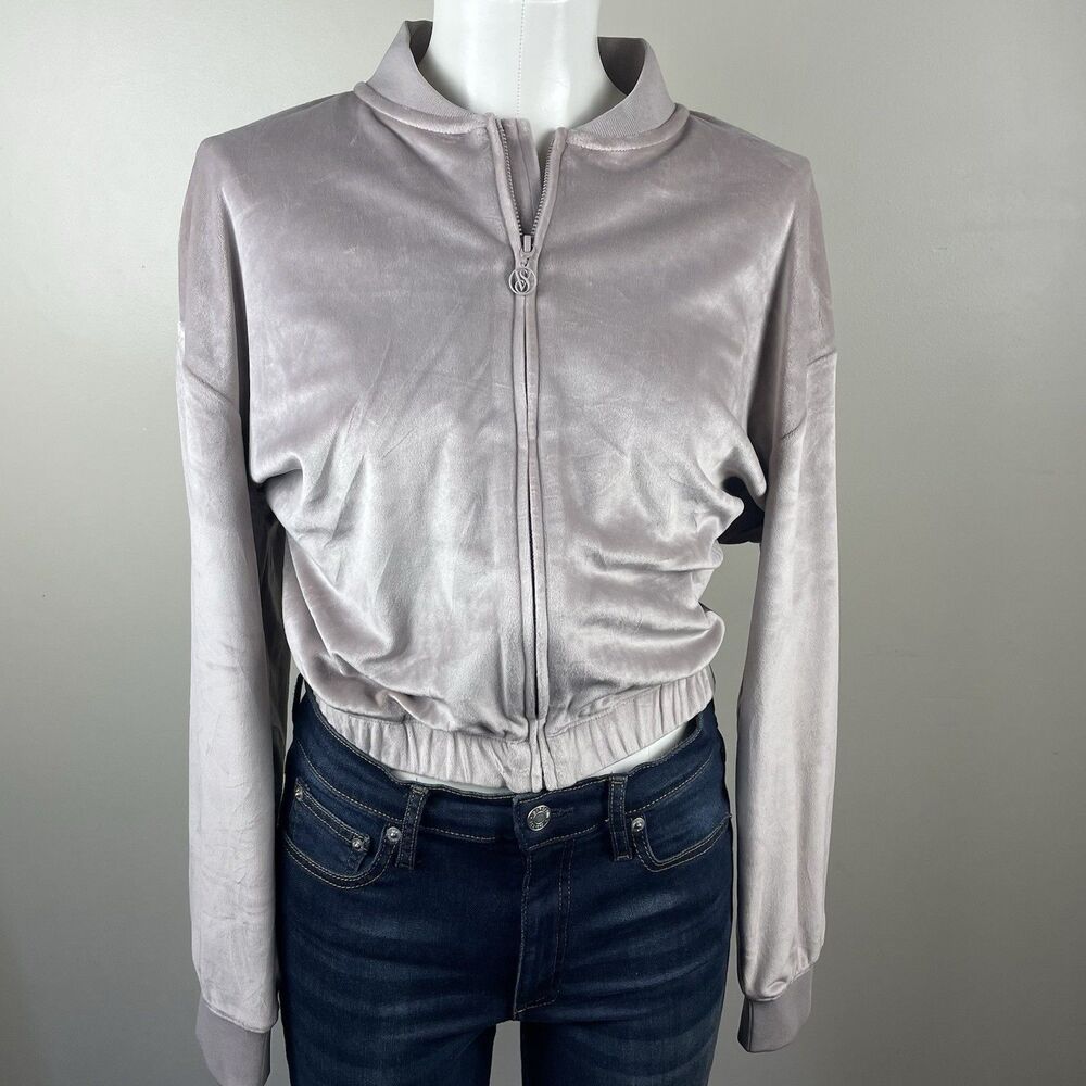Victorias Secret Taupe Full Zip Cropped Velour Jacket Womens Size Medium Pockets
